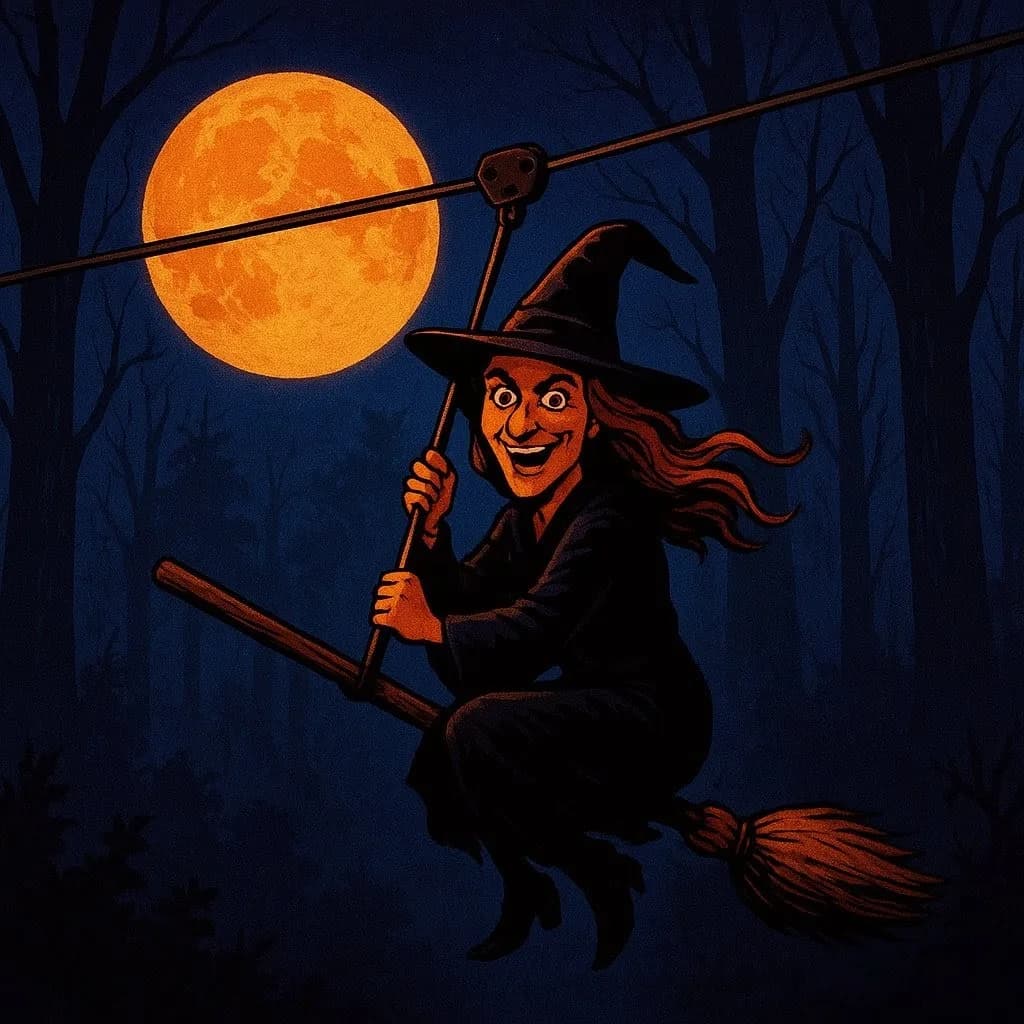 Illustration of a witch riding a broomstick along a zipline under an orange full moon